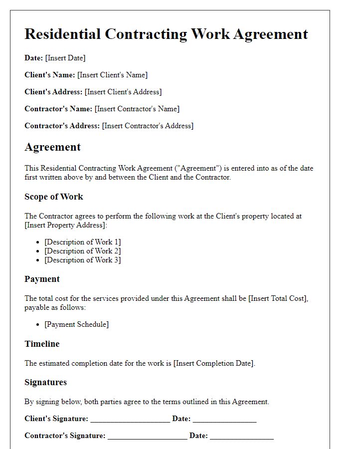 Letter template of residential contracting work agreement