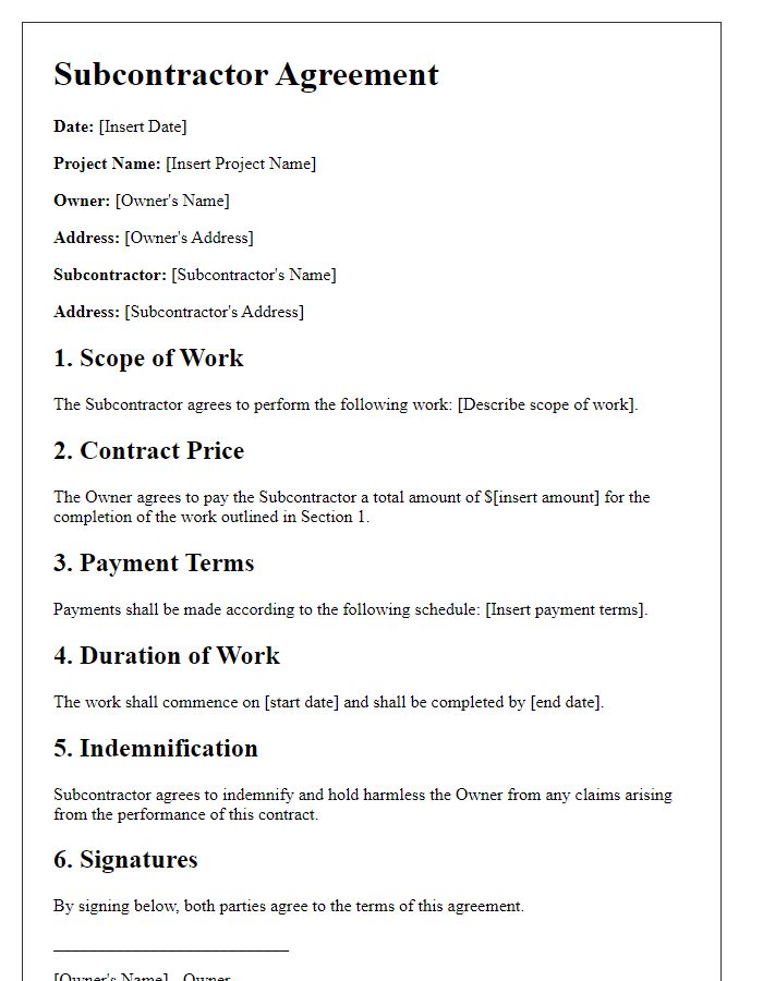 Letter template of subcontractor agreement for construction