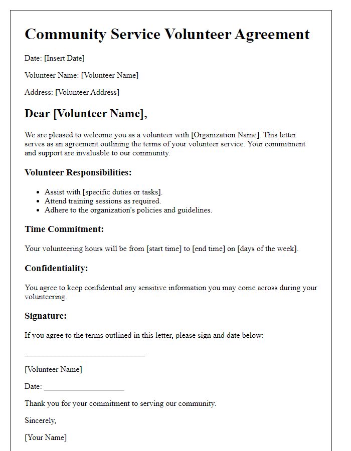 Letter template of Community Service Volunteer Agreement