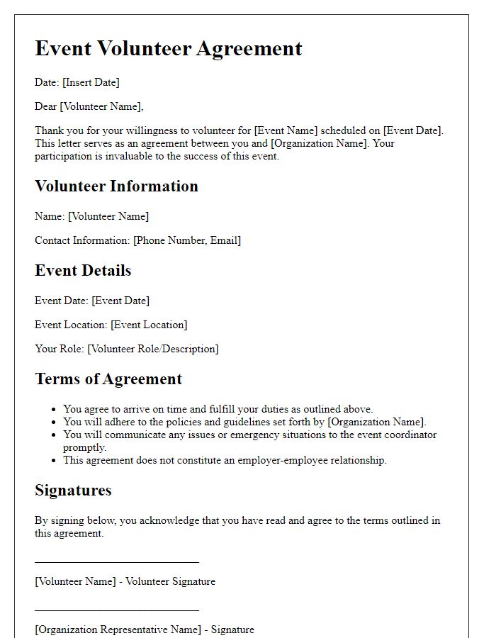 Letter template of Event Volunteer Agreement