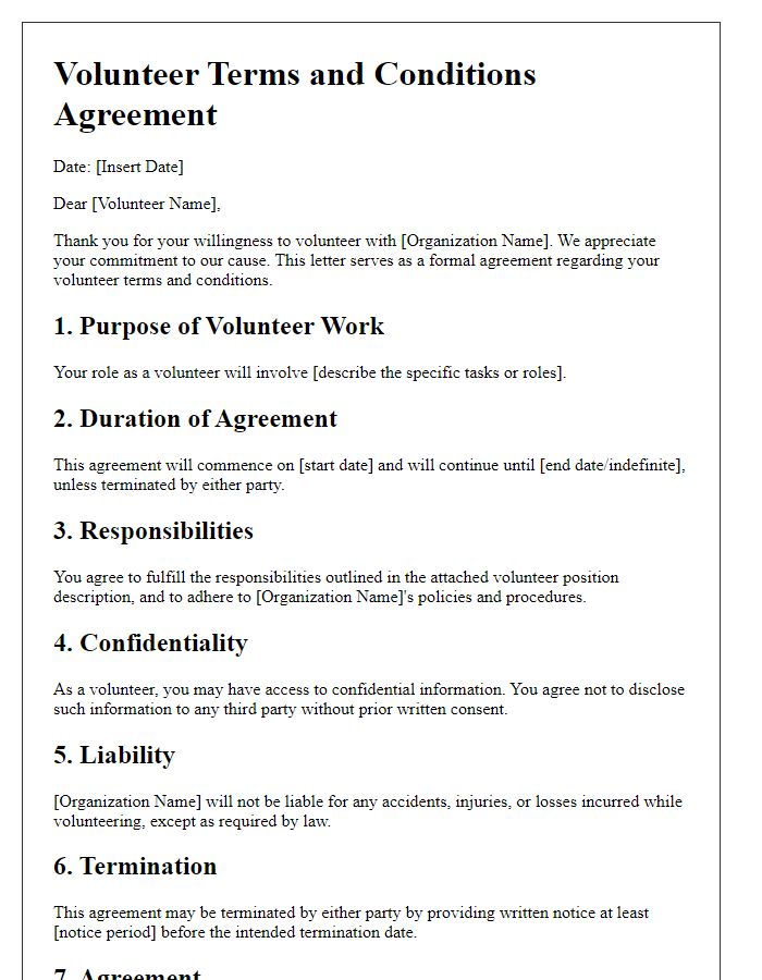 Letter template of Volunteer Terms and Conditions Agreement