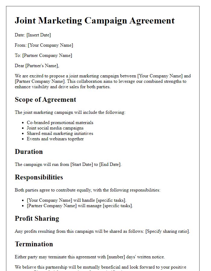 Letter template of joint marketing campaign agreement