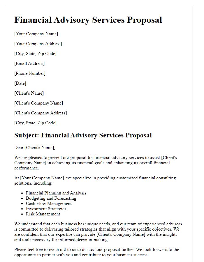 Letter template of financial advisory services for business financial consulting.