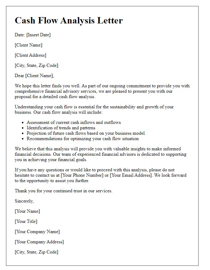 Letter template of financial advisory services for cash flow analysis.