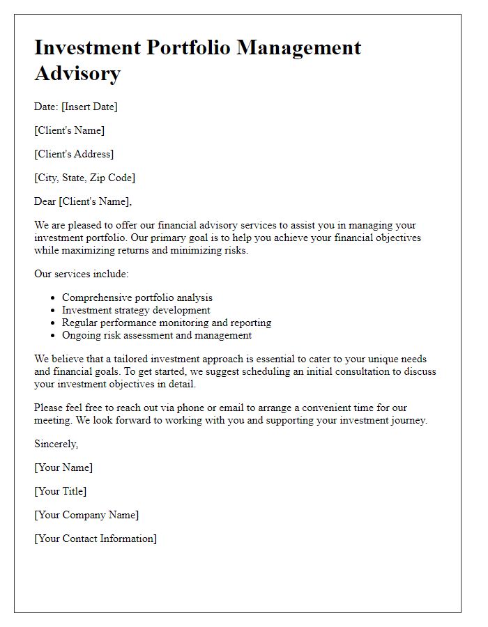 Letter template of financial advisory services for investment portfolio management.