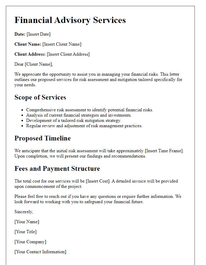 Letter template of financial advisory services for risk assessment and mitigation.