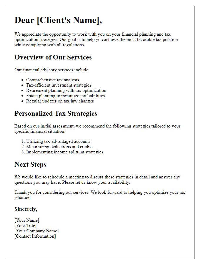 Letter template of financial advisory services for tax optimization strategies.