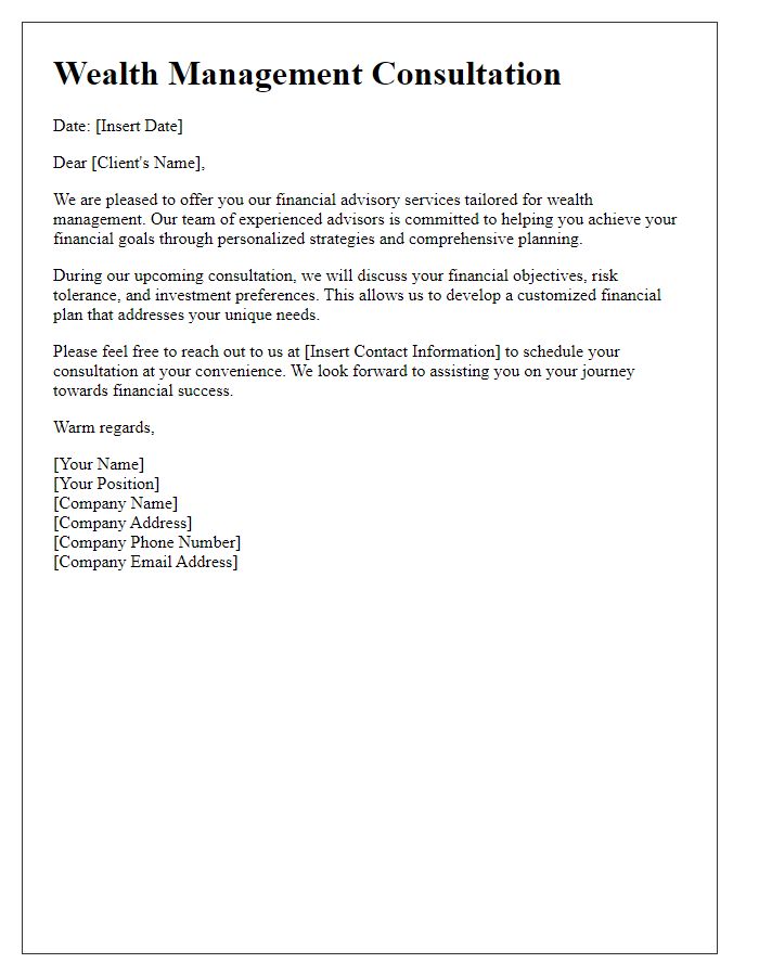 Letter template of financial advisory services for wealth management consultation.