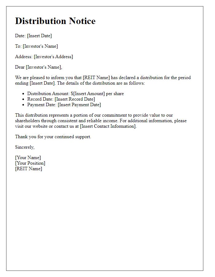 Letter template of real estate investment trust distribution notice