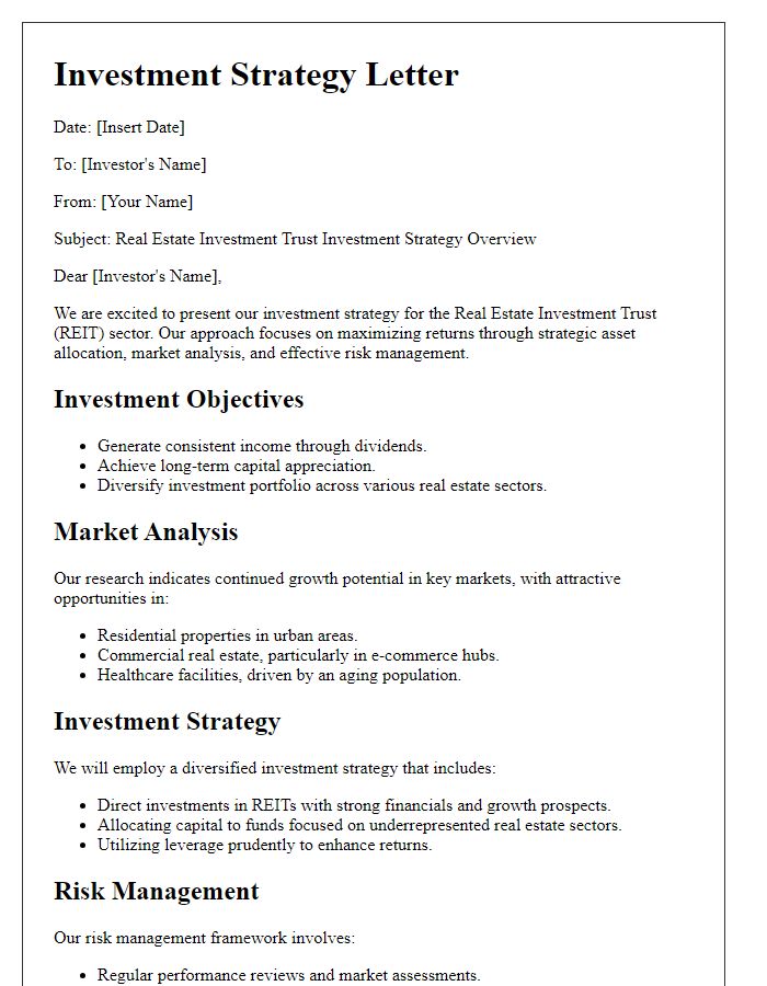 Letter template of real estate investment trust investment strategy