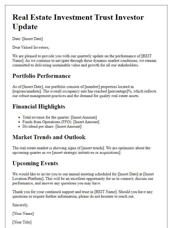 Letter template of real estate investment trust investor update