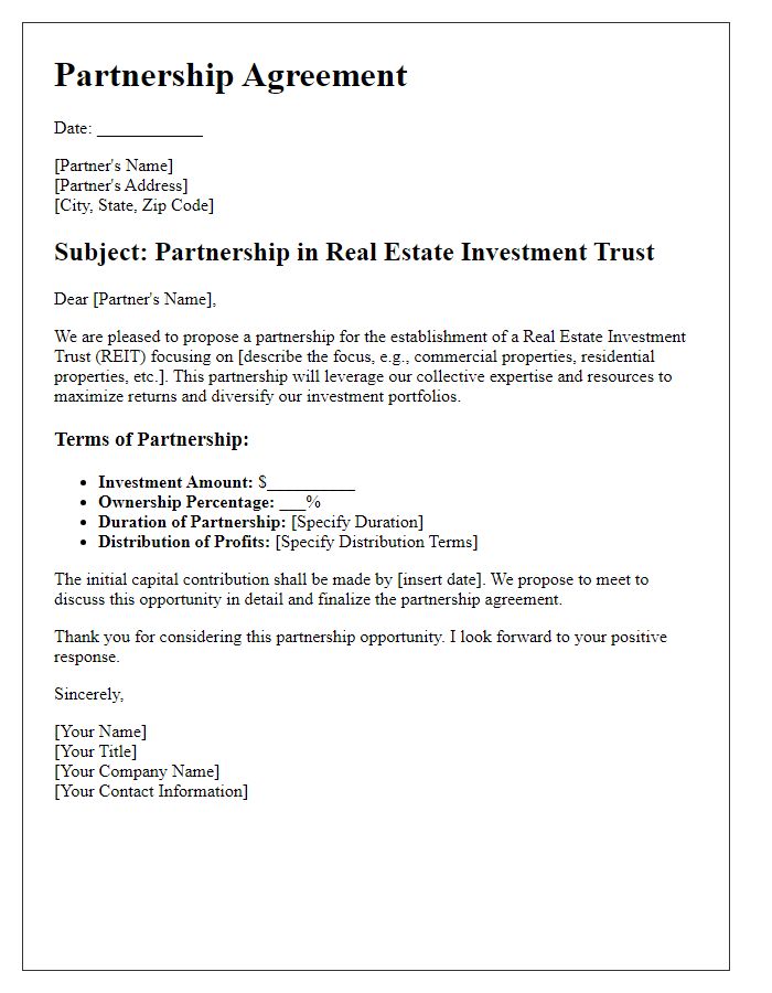 Letter template of real estate investment trust partnership