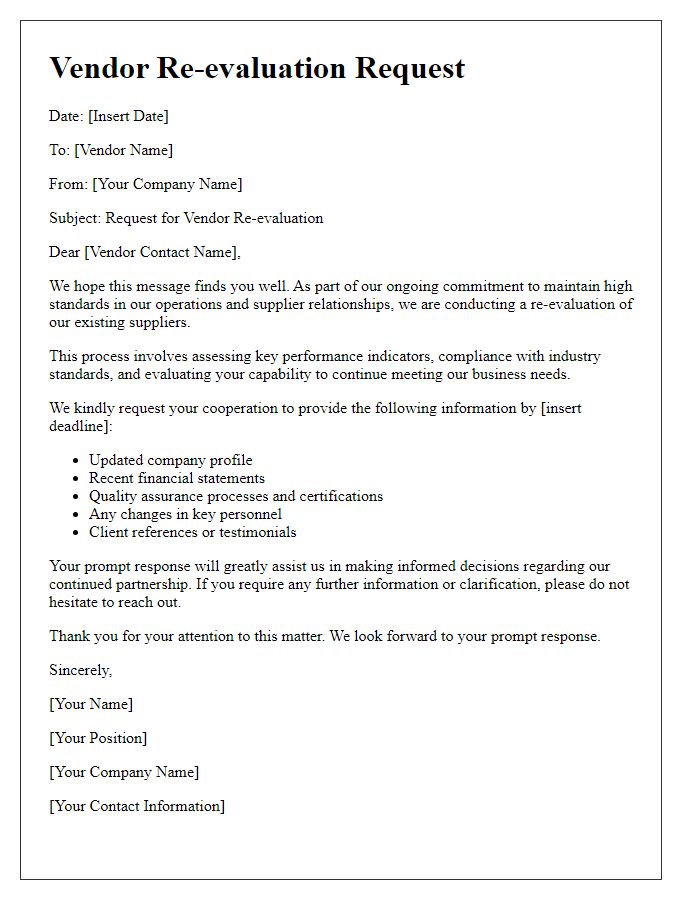 Letter template of vendor re-evaluation request for existing suppliers.