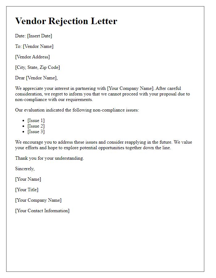 Letter template of vendor rejection for non-compliance issues.