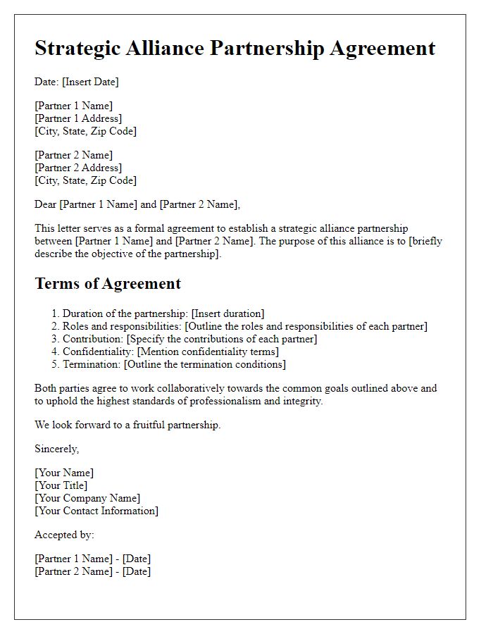 Letter template of agreement for strategic alliance partnership