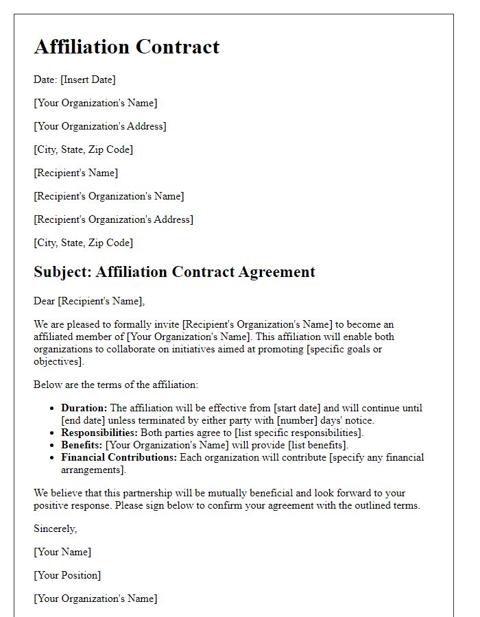 Letter template of affiliation contract for trade organizations