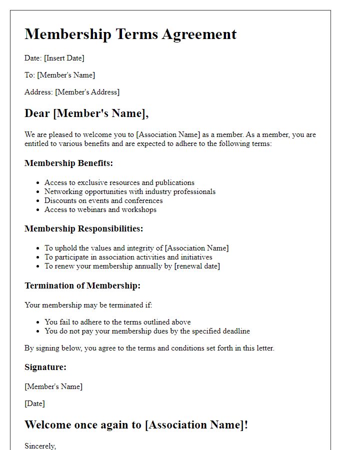 Letter template of membership terms for professional associations