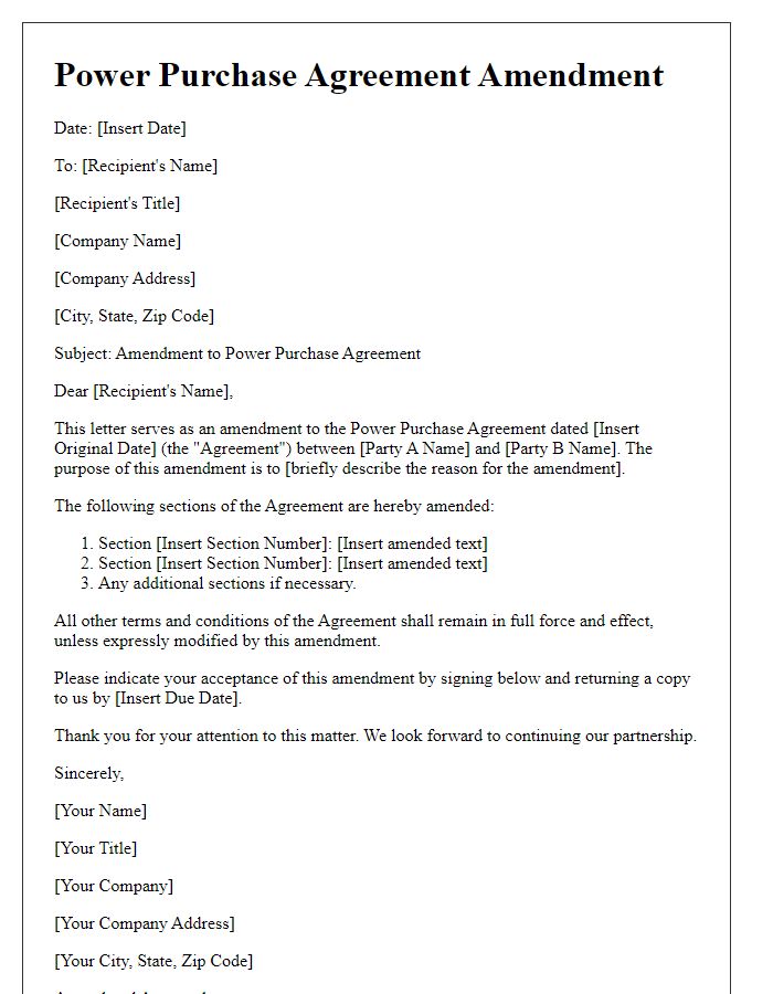 Letter template of Power Purchase Agreement Amendment