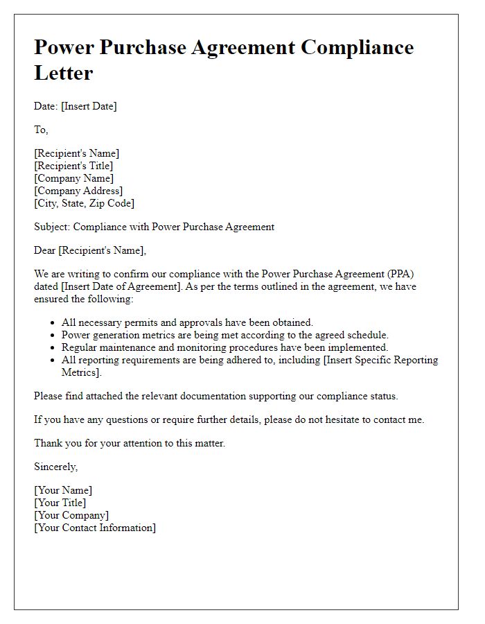 Letter template of Power Purchase Agreement Compliance