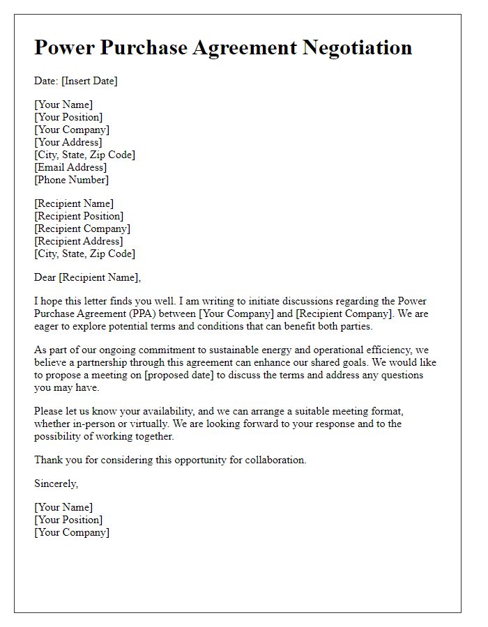 Letter template of Power Purchase Agreement Negotiation