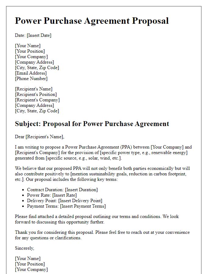 Letter template of Power Purchase Agreement Proposal