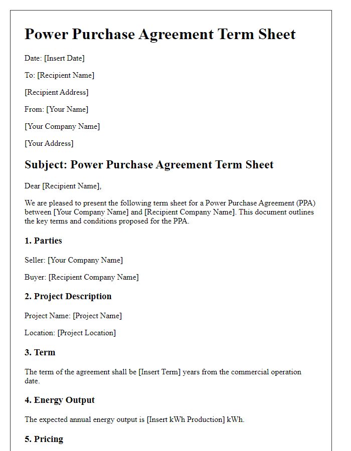 Letter template of Power Purchase Agreement Term Sheet