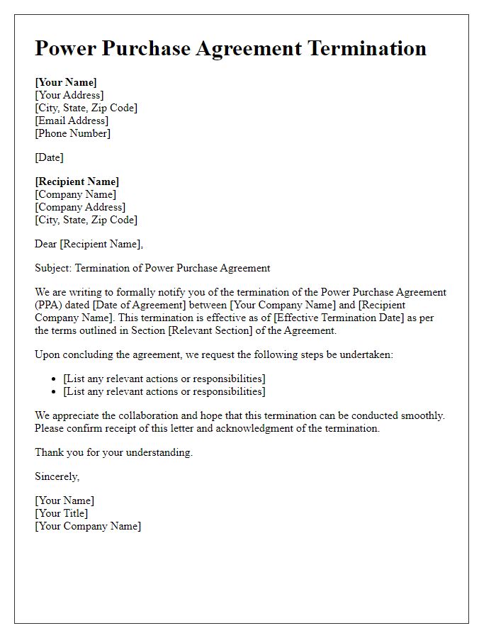 Letter template of Power Purchase Agreement Termination