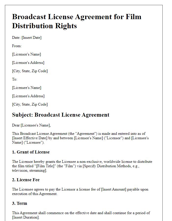 Letter template of broadcast license agreement for film distribution rights.