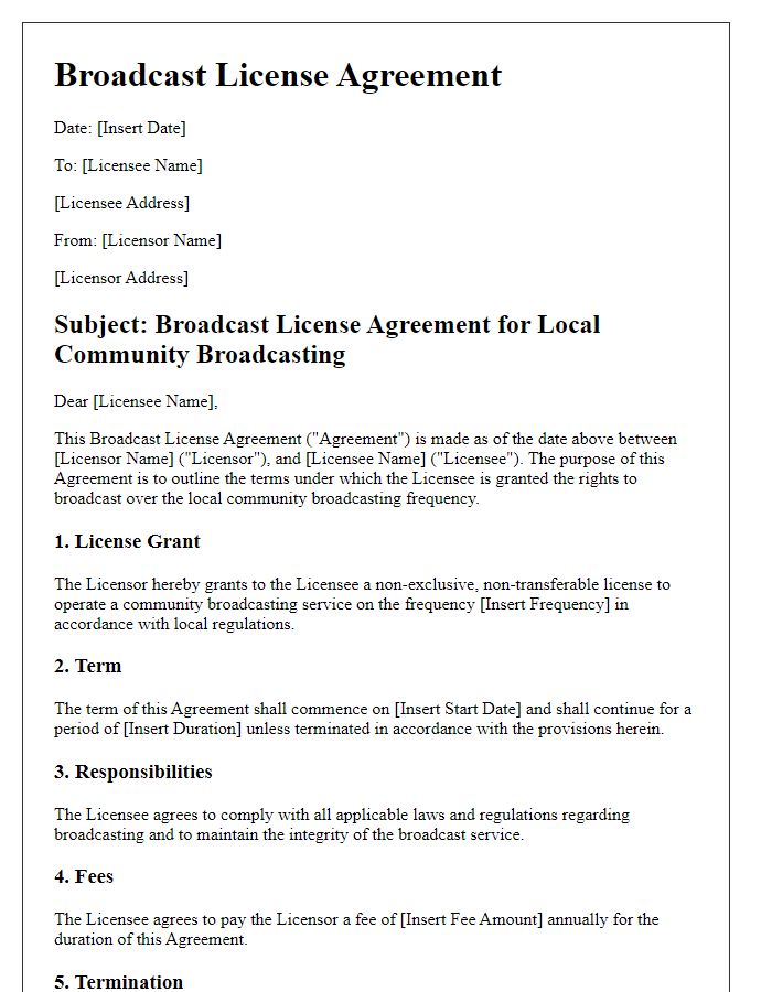 Letter template of broadcast license agreement for local community broadcasting.