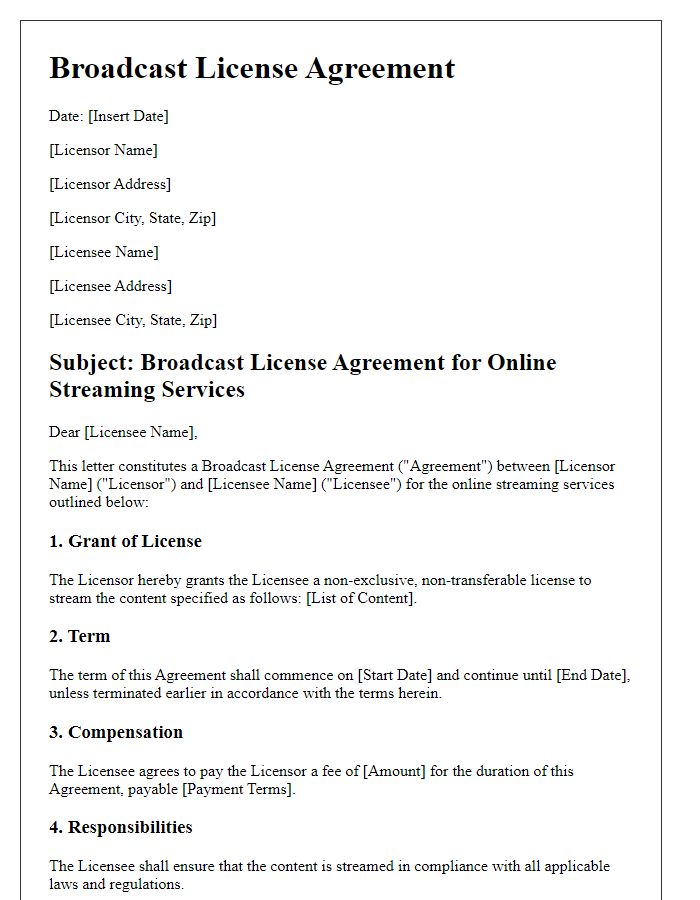 Letter template of broadcast license agreement for online streaming services.