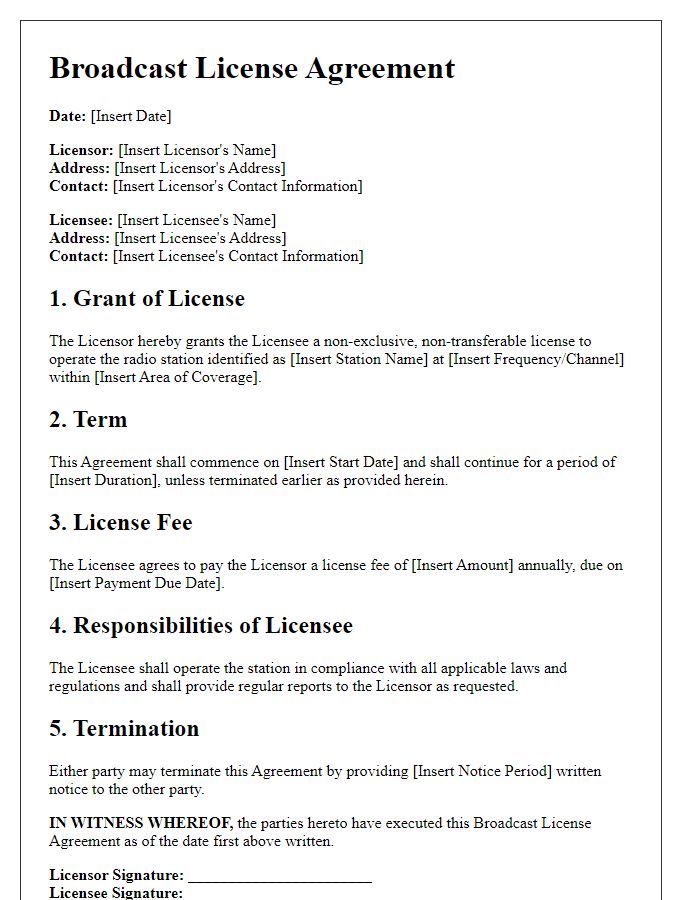 Letter template of broadcast license agreement for radio stations.