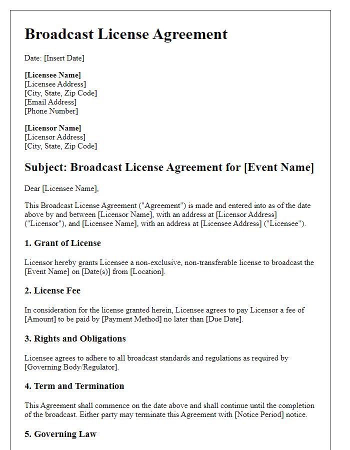 Letter template of broadcast license agreement for sports event coverage.