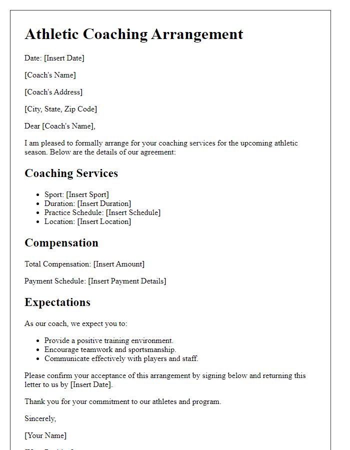 Letter template of athletic coaching arrangement