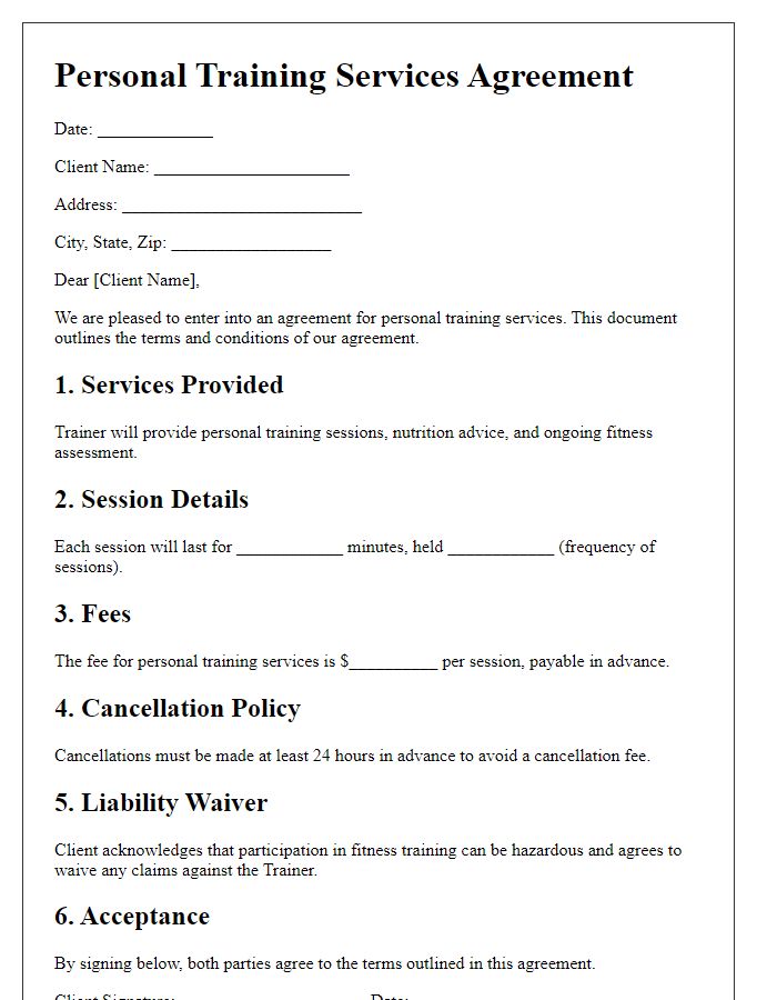 Letter template of personal training services agreement