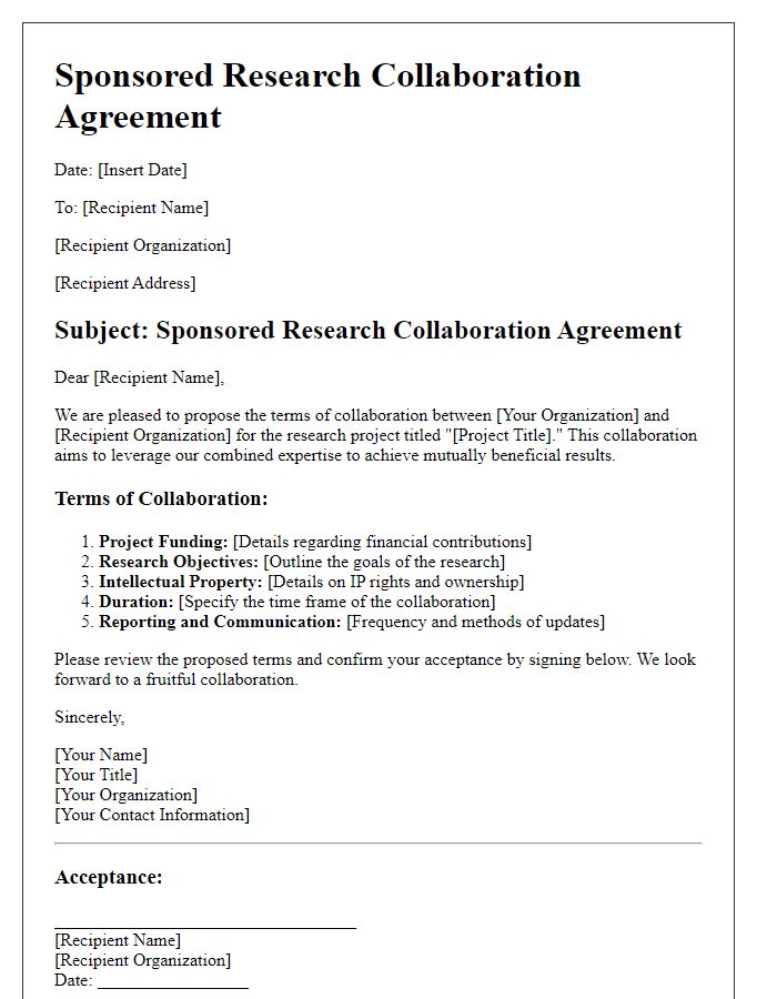 Letter template of sponsored research collaboration terms