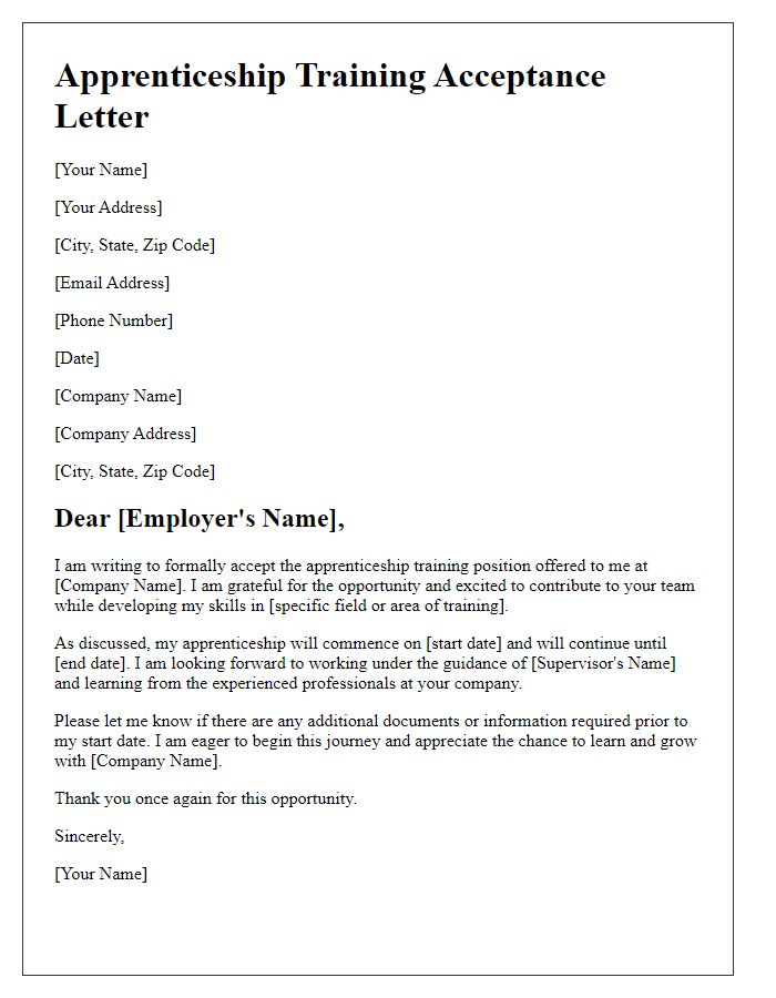 Letter template of apprenticeship training acceptance