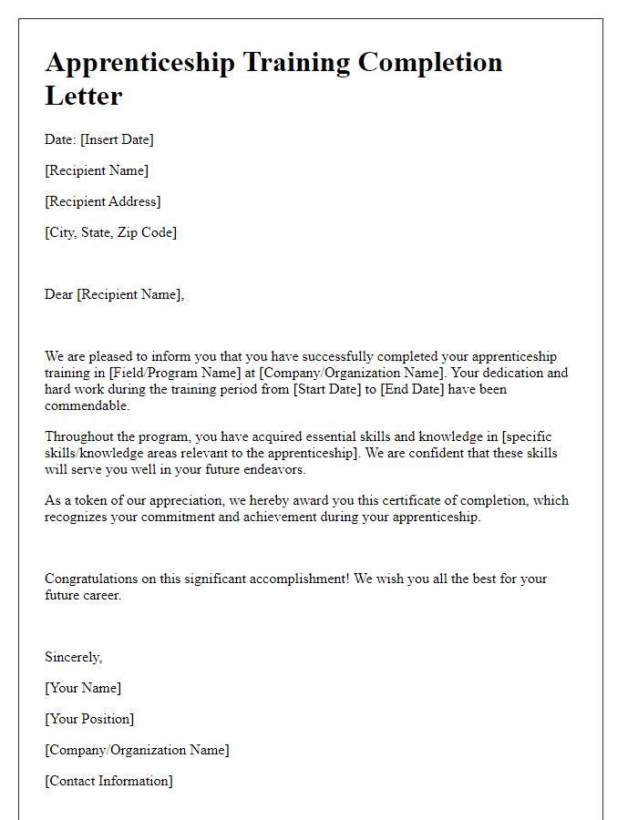 Letter template of apprenticeship training completion