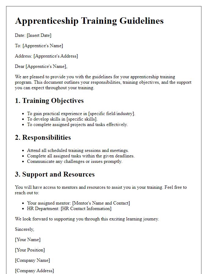 Letter template of apprenticeship training guidelines