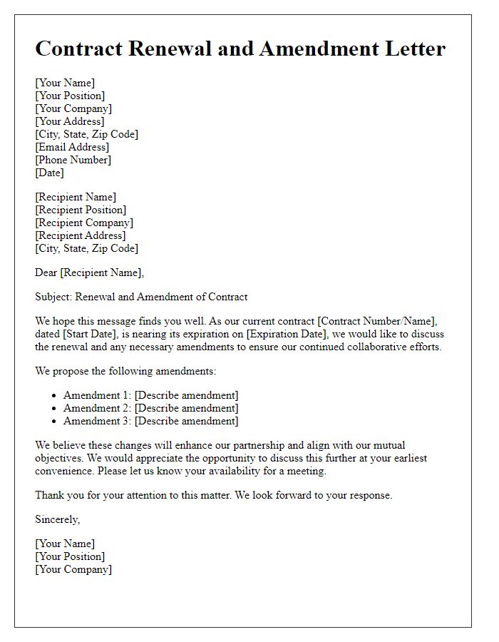 Letter template of communication for contract renewal and amendments