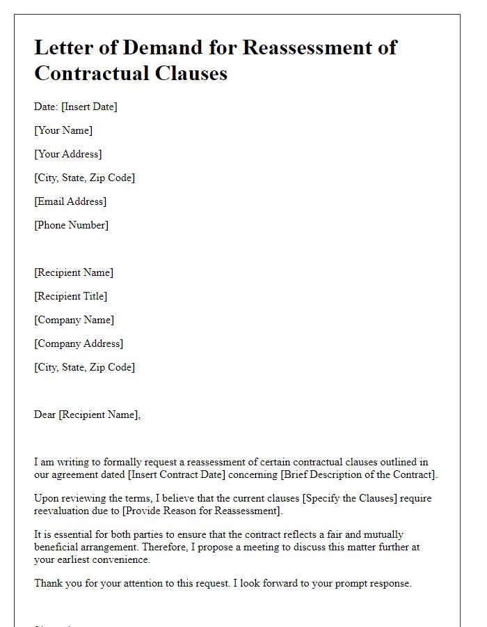 Letter template of demand for reassessment of contractual clauses