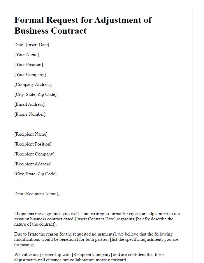 Letter template of formal request for business contract adjustments