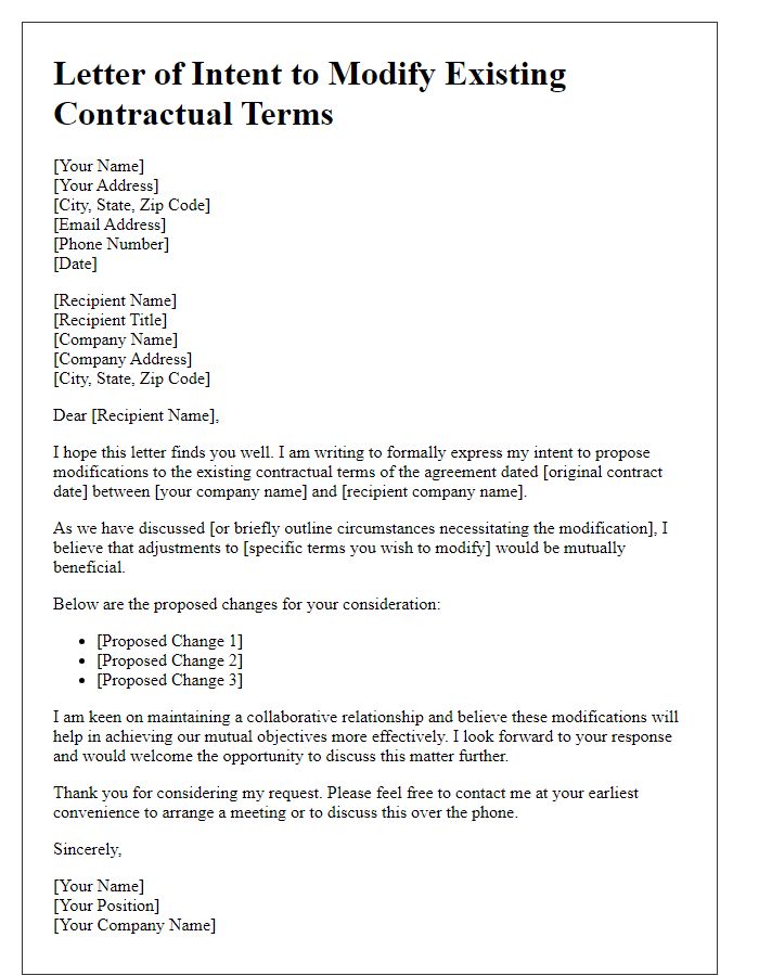 Letter template of intent to modify existing contractual terms