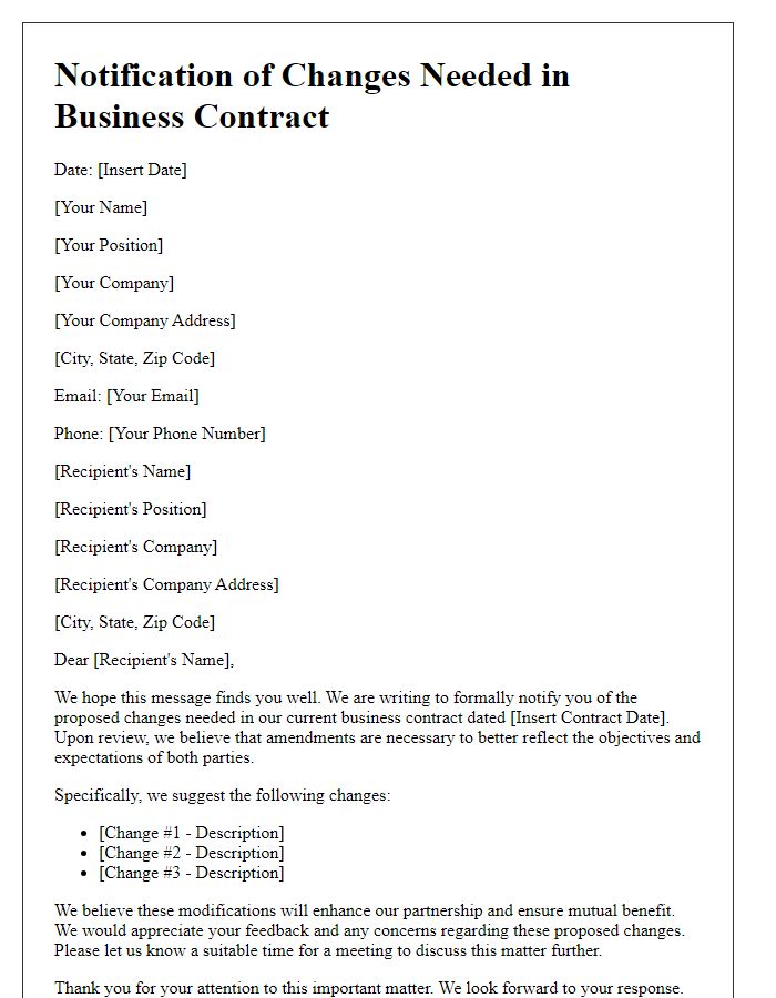 Letter template of notification for changes needed in business contract