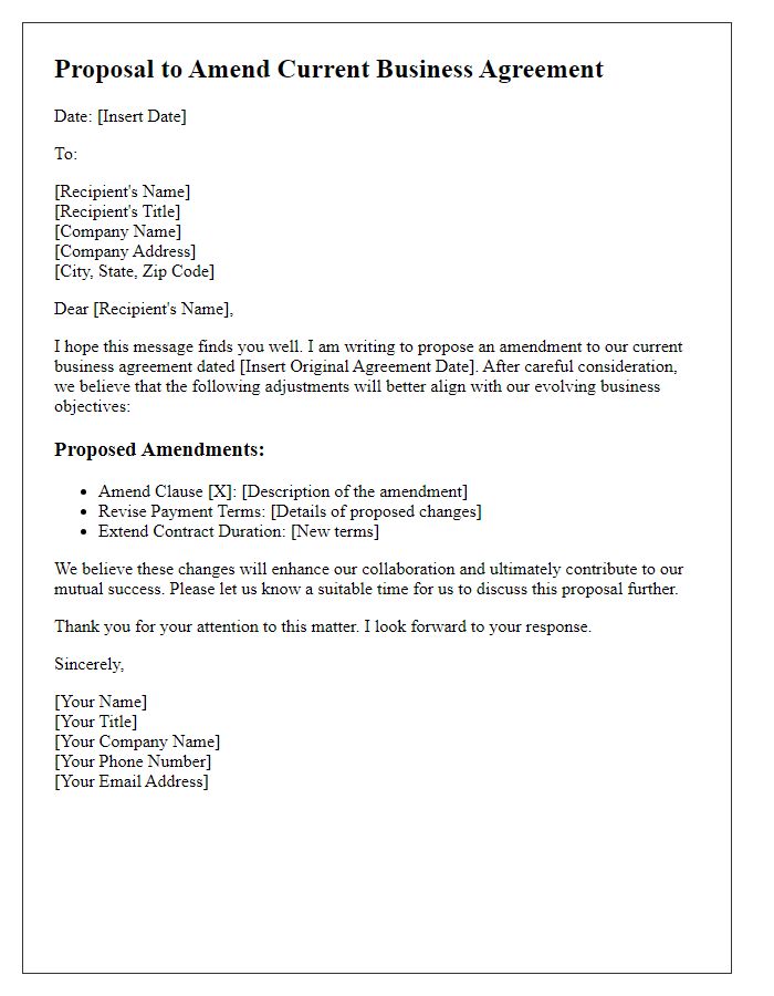 Letter template of proposal to amend current business agreement