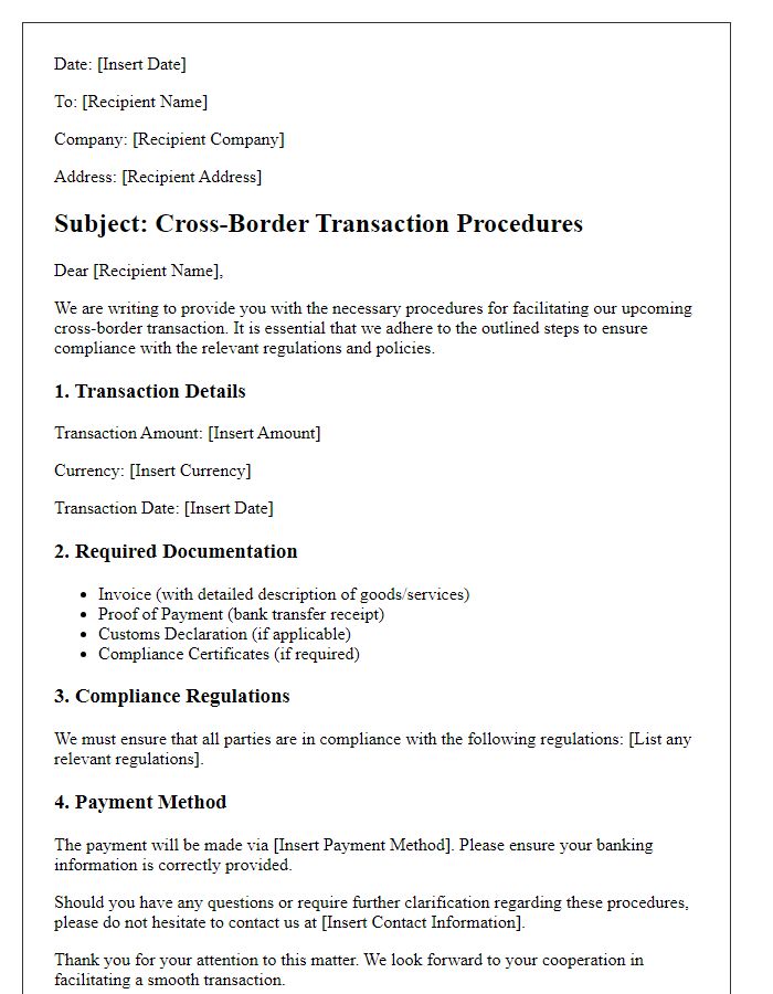 Letter template of cross-border transaction procedures