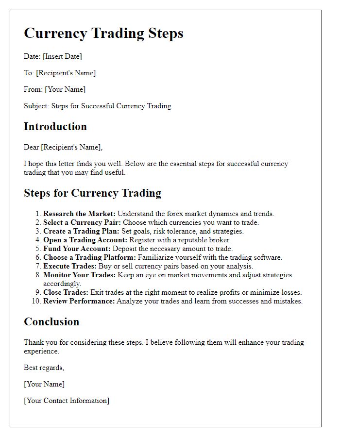 Letter template of currency trading steps