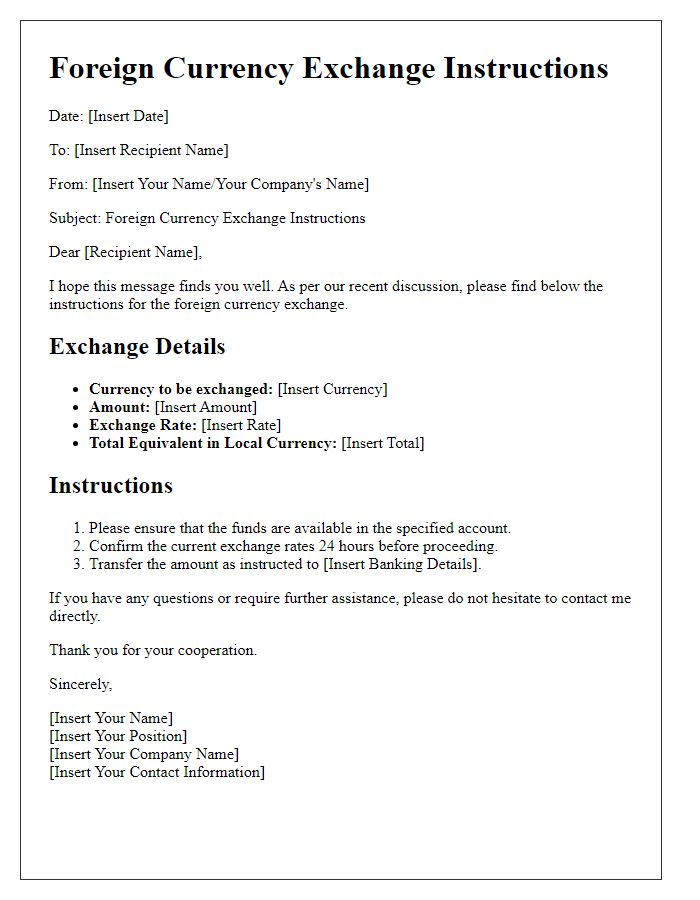 Letter template of foreign currency exchange instructions