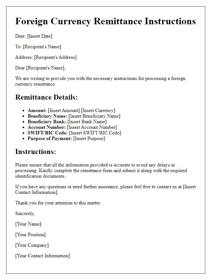 Letter template of foreign currency remittance instructions