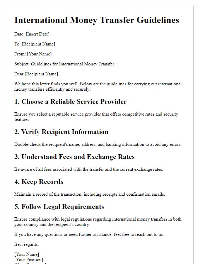 Letter template of international money transfer guidelines