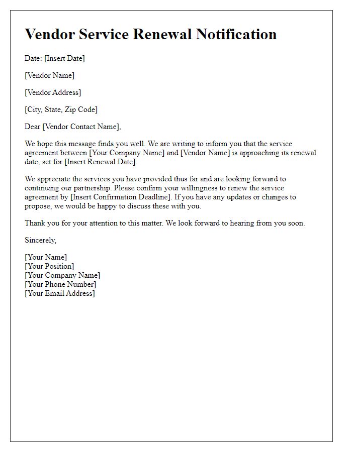 Letter template of notification for vendor service renewal